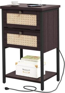 End Table with Charging Station, 2 Tier Rattan Decorated Nightstand with USB Ports and Outlets, Bedside Table with Drawer, Modern Sofa Side Table for Bedroom, Living Room, Office, Cherry Red 