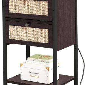 End Table with Charging Station, 2 Tier Rattan Decorated Nightstand with USB Ports and Outlets, Bedside Table with Drawer, Modern Sofa Side Table for Bedroom, Living Room, Office, Cherry Red