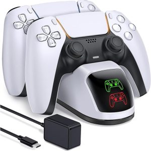 PS5 Controller Charging Station, PlayStation 5 Dualsense Controller Charger Dock with Dual Stand, Upgrade PS5 Slim Controller Charger Accessory with Fast Charge Cable, PS5 Charging Station, White