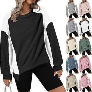 Oversized Waffle Knit Sweatshirts for Women Casual Long Sleeve Crewneck Outfits Fashion Color Block Workout Clothes 