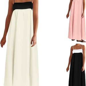 Women Oversized Boho Dress Vintage Contrast Trim Spaghetti Straps Maxi Dress Sexy Plus Size Loose Swing Long Dresses