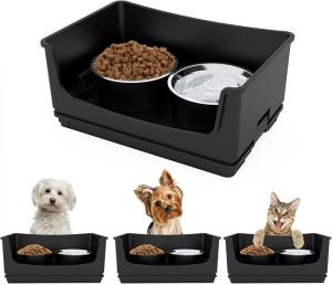 Mess Proof Dog Bowls, No Mess Dog Food and Water Bowl Set, No Spill Edge Pet Feeder with 2 Stainless Steel Bowls for Small and Medium Dogs