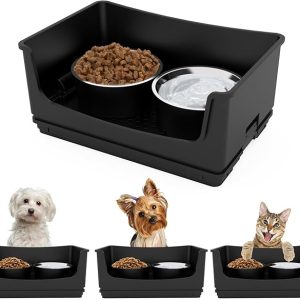 Mess Proof Dog Bowls, No Mess Dog Food and Water Bowl Set, No Spill Edge Pet Feeder with 2 Stainless Steel Bowls for Small and Medium Dogs