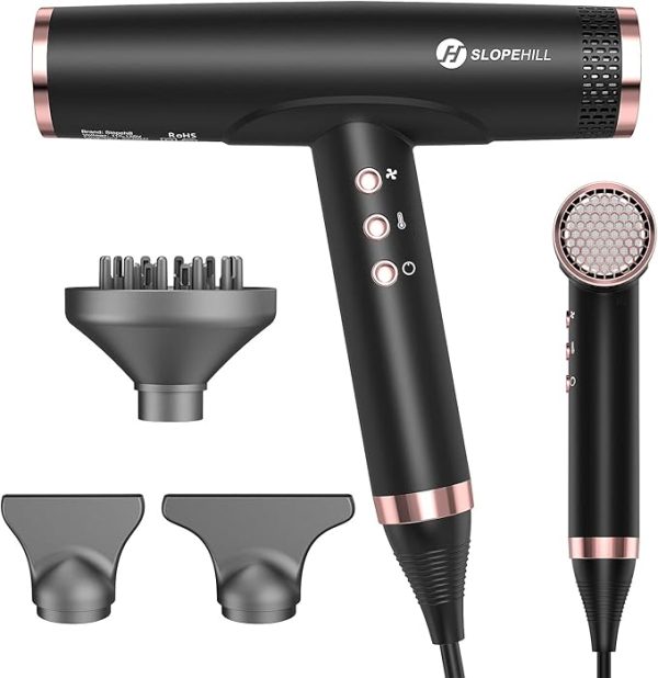 slopehill Professional Hair Dryer, Ionic Hair Dryer with Diffuser, Lightweight Compact Powerful & Fast Salon Blow Dryer with High Speed Brushless Motor, Travel Hair Dryer, Women & Men (Ceramic, Black