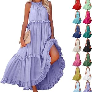 Summer Dresses for Women 2025 Sleeveless Halter Dresses Flowy Swing Tiered Dress Loose Fit Ruffle Boho Maxi Dress